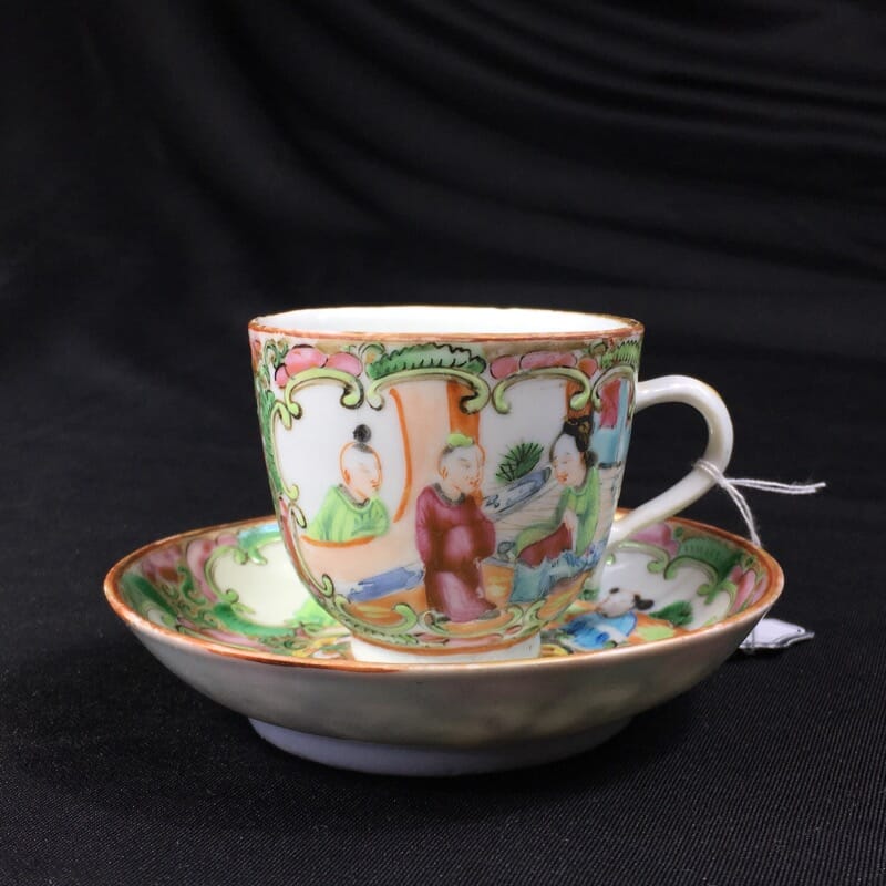 Small Cantonese (Chinese) 'Rose Medallion' cup & saucer, c. 1870-0