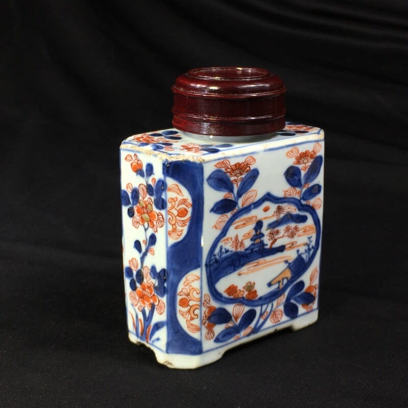 Chinese Export rectangular tea canister, Imari dec. landscape panels, c.1740 -0