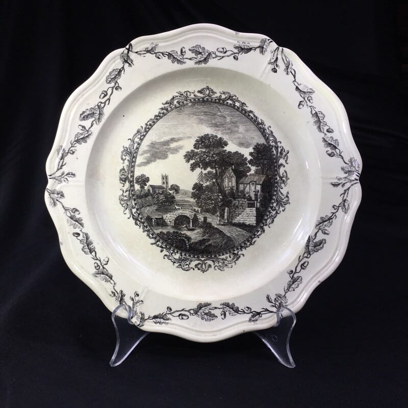 English Creamware plate, country scene print in black, c.1780 -0