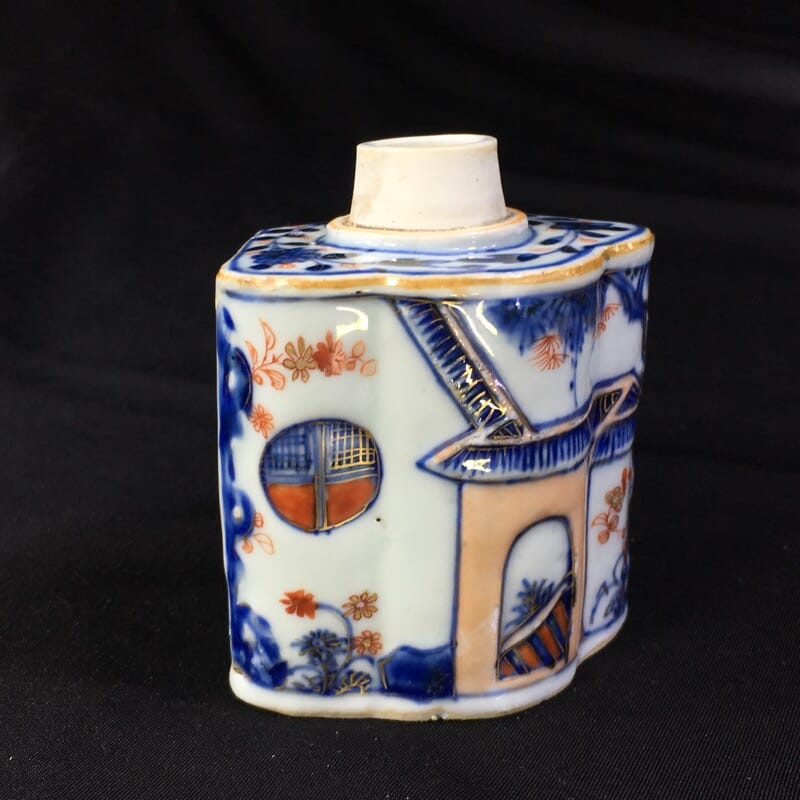 Chinese Export unusual tea canister, moulded & Imari dec. buildings & landscapes, c.1740 -0