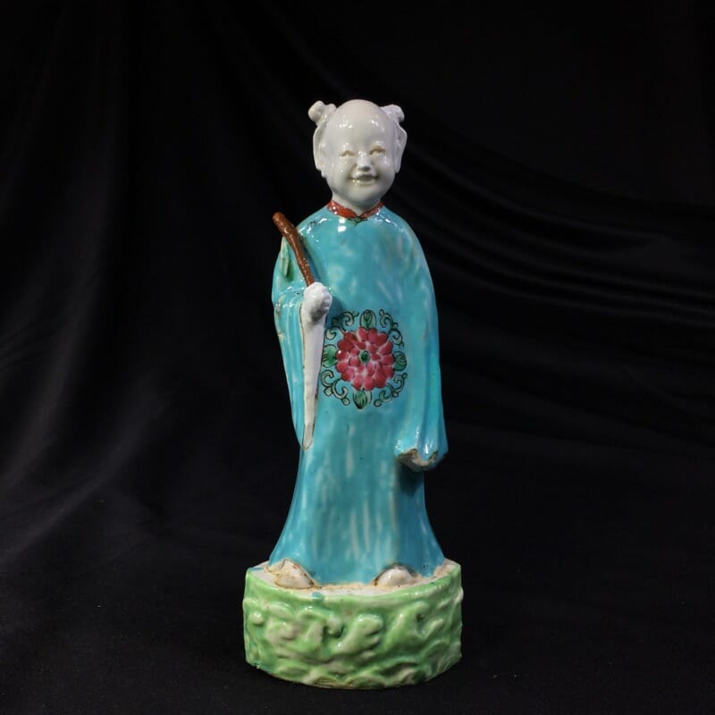 Chinese figure of an attendant, turquoise robe, 18th century -0