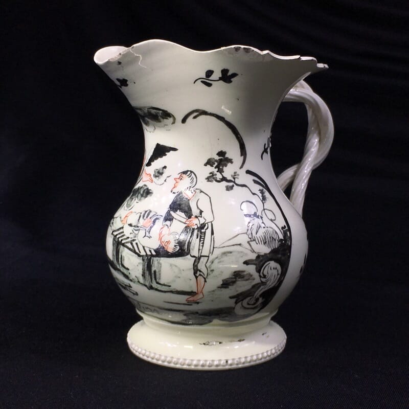 English creamware jug, Dutch decorated with 'Jesuit' religious scene in black, c.1775 -0