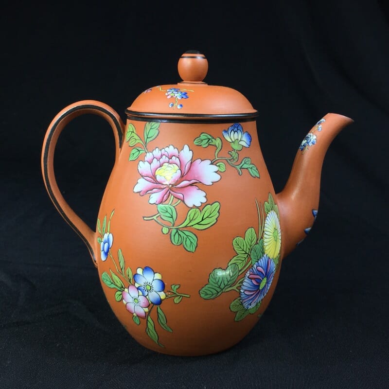 Wedgwood 'Rosso antico' small teapot, oriental flowers, c.1820 -0