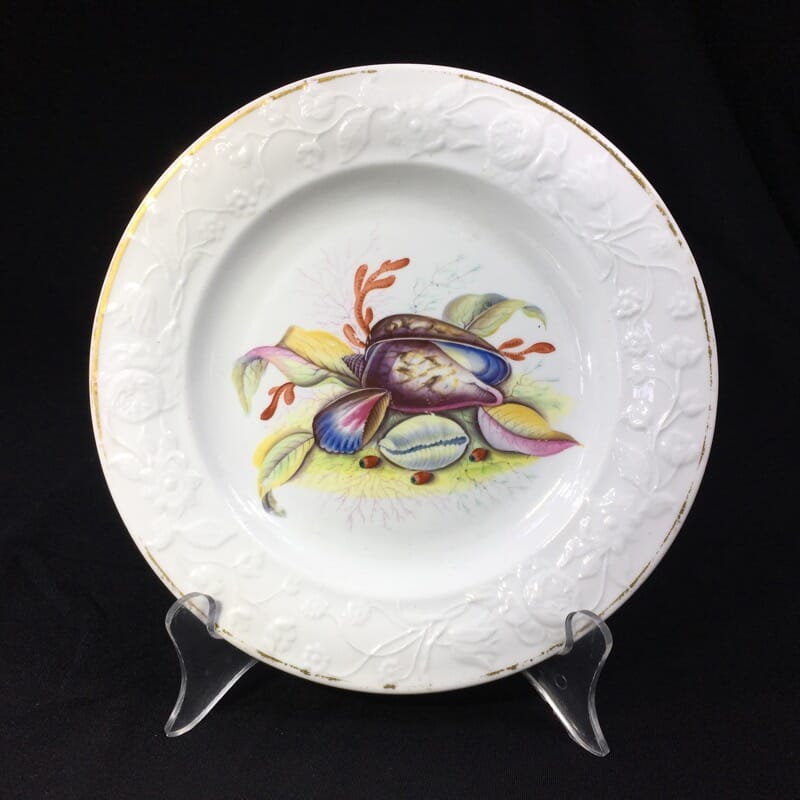 Swansea Porcleain plate, flower moulded, shell painting probably Pardoe, c. 1820 -0