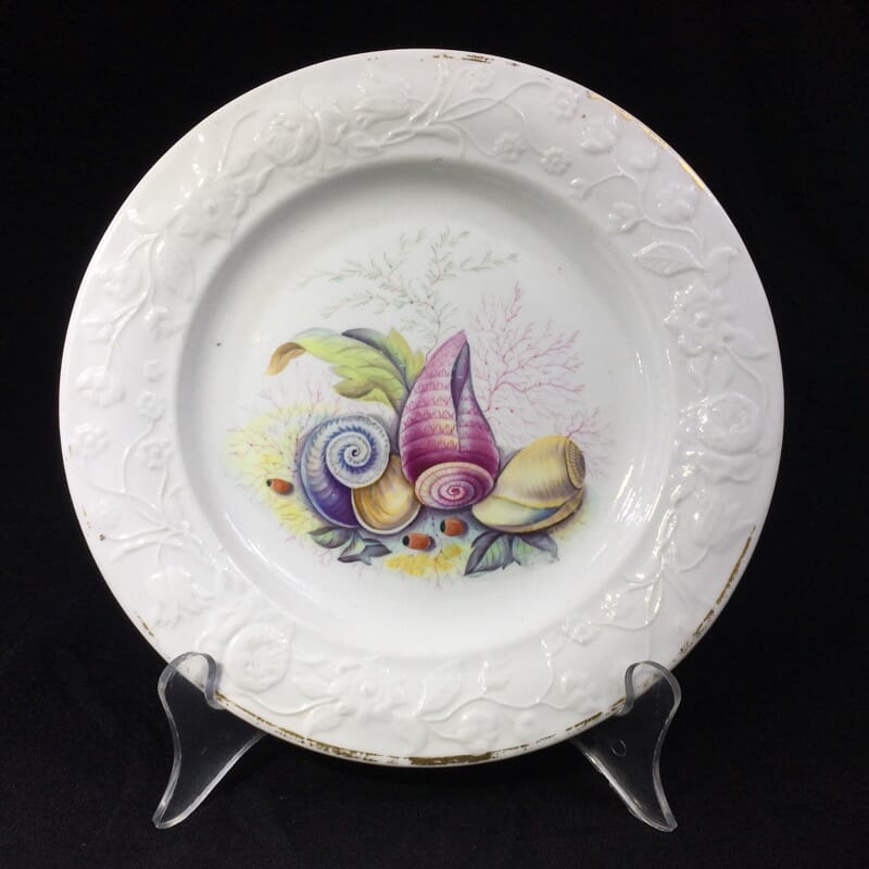 Swansea porcleain plate, flower moulded, shell painting probably Pardoe, c. 1820 -0
