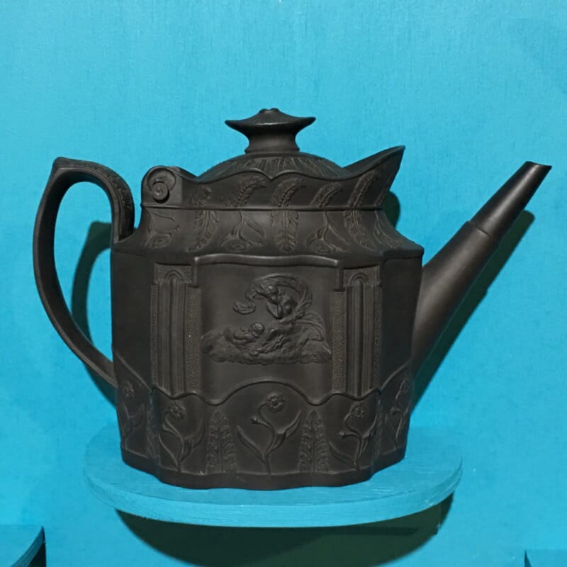 Leeds black basalt teapot, classical figures, C.1810-0