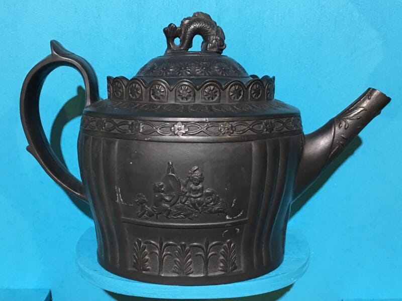 English black basalt teapot, classical figures & 'dolphin' knop, c. 1805-0