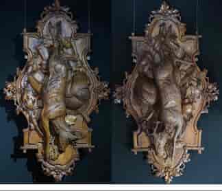 Pair of Swiss 'Black Forest' carved panels, chamois deer & hunting trophies, c.1880 -0