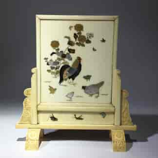 Japanese Shibayama ivory table screen, chickens & insects, 19th century-0