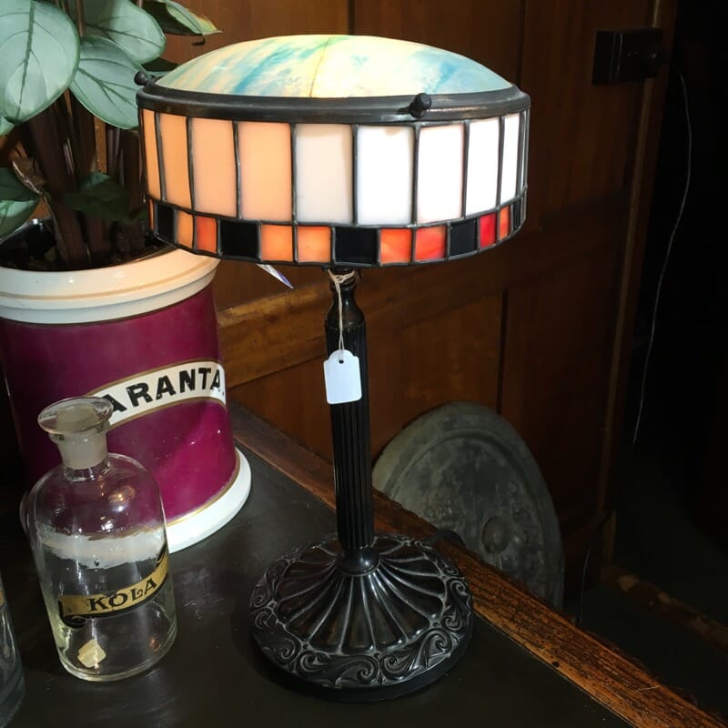 Original French bronzed & leadlight glass table lamp, c. 1920 -0