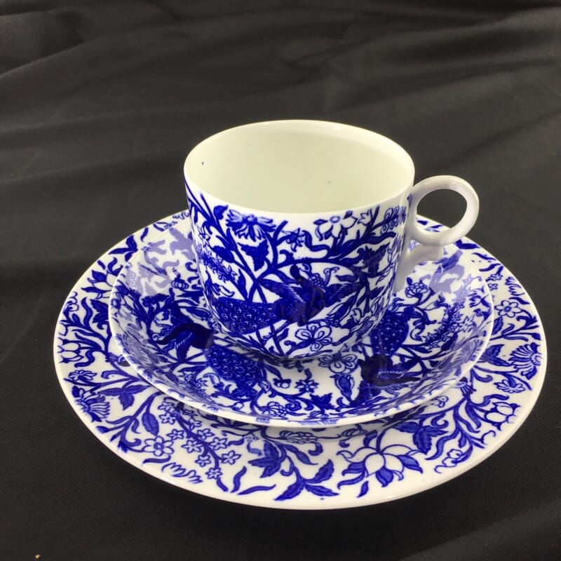 Royal Crown Derby cup saucer and plate, blue peacocks, dated 1891 & 1919-0