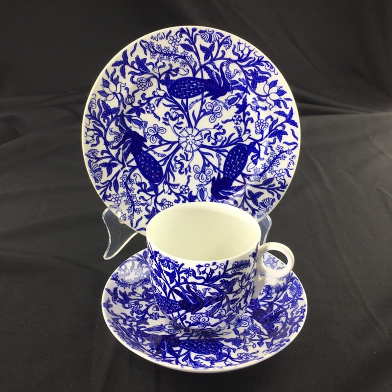 Royal Crown Derby cup saucer and plate, blue peacocks, impressed mark 1917-0