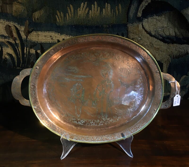 Chinese copper tray with incised family scene, c. 1900 -0