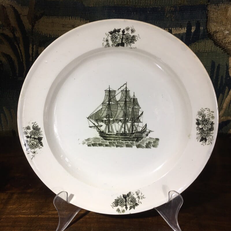 English or Welsh pottery dish, ship print and flower sprays, c. 1830 -0