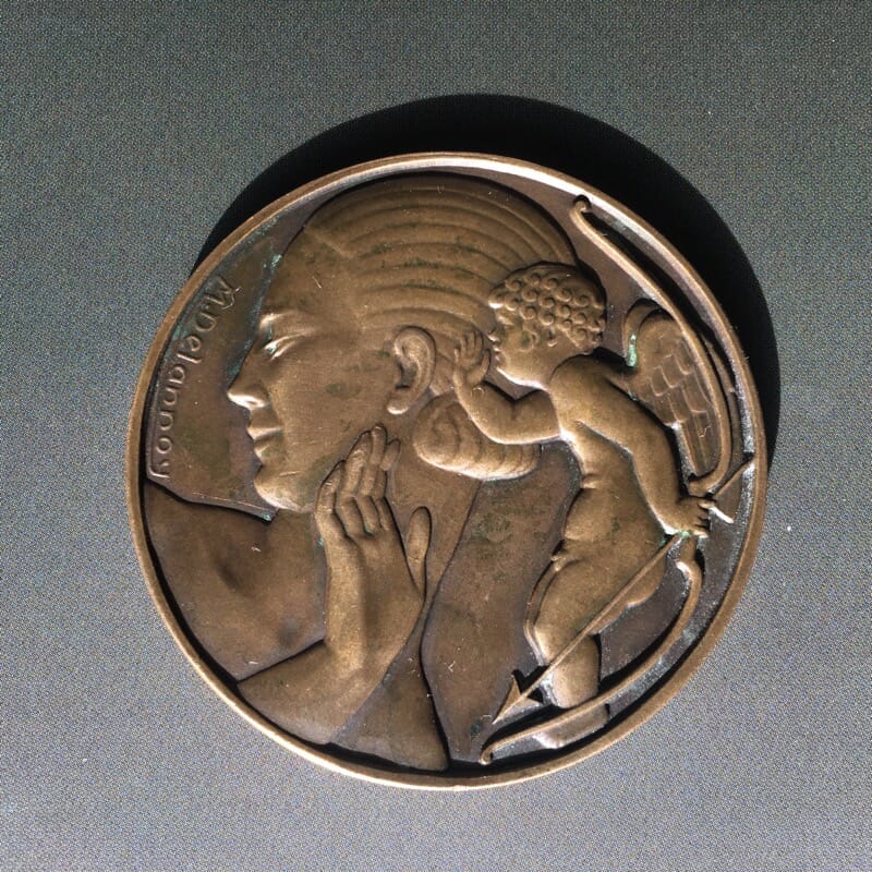 Art Deco bronze medallion by Delannoy, Venus, mid 20th century -0