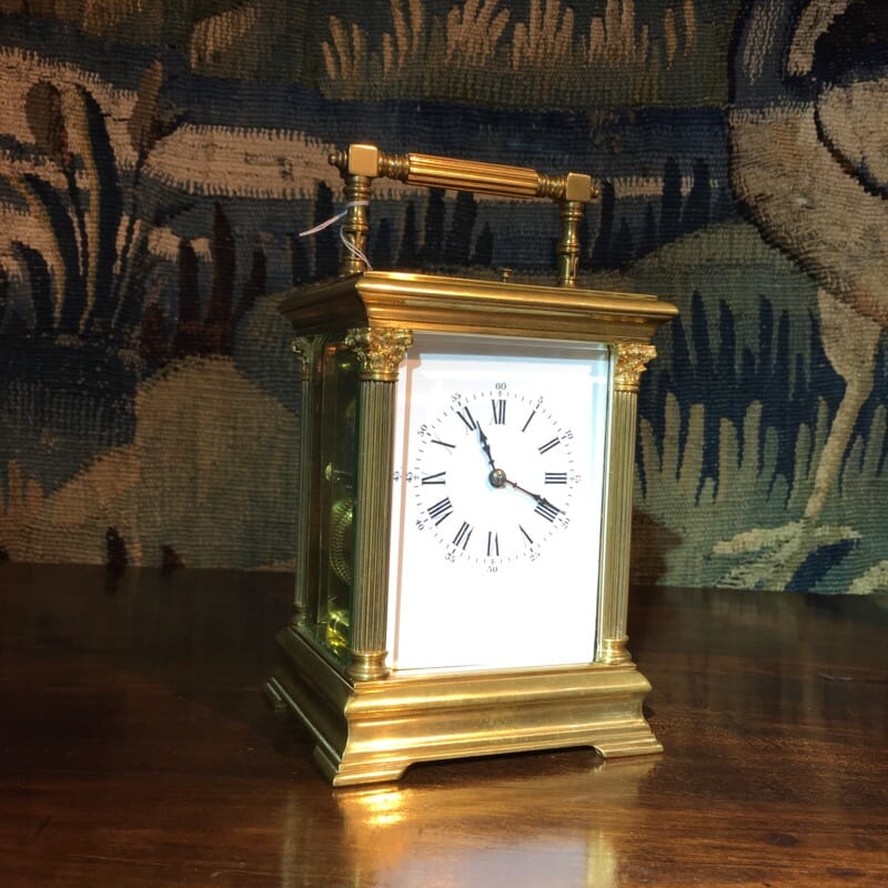 French brass Aiguilles carriage clock, classical columns, c. 1900-28704