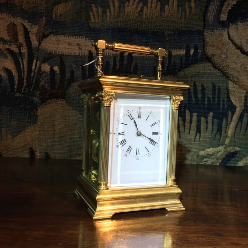 French brass Aiguilles carriage clock, classical columns, c. 1900-28705