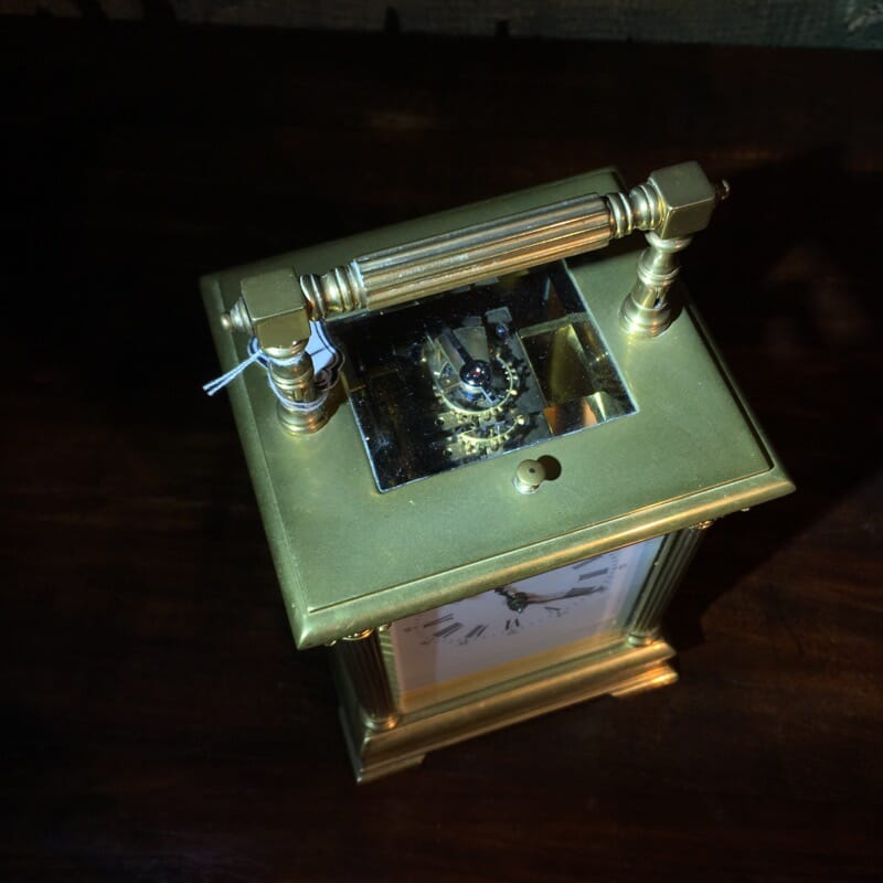 French brass Aiguilles carriage clock, classical columns, c. 1900-28706