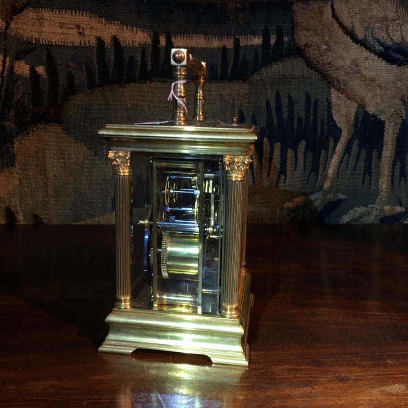 French brass Aiguilles carriage clock, classical columns, c. 1900-28708