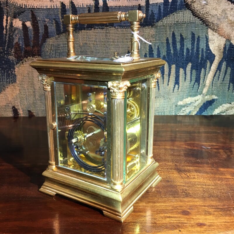 French brass Aiguilles carriage clock, classical columns, c. 1900-28709