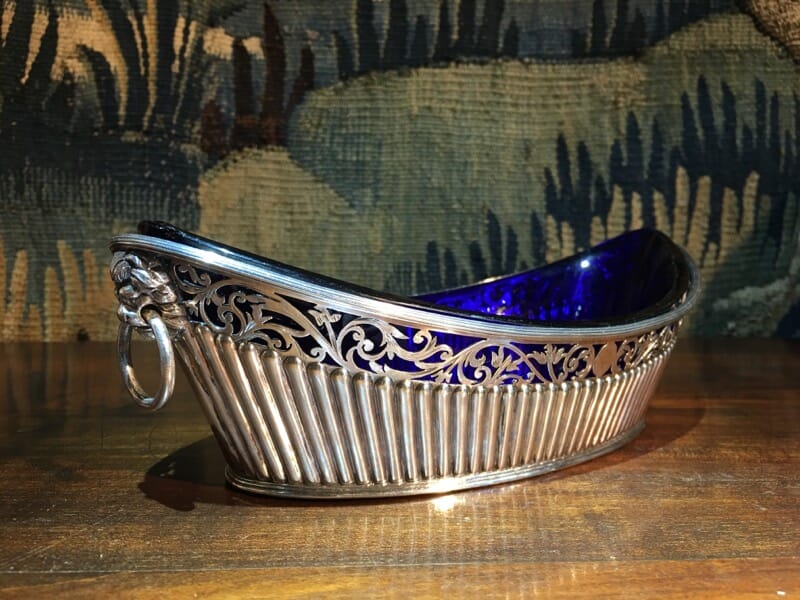 Old Sheffield Plate & Bristol Blue glass boat-shape serving dish, c. 18-0