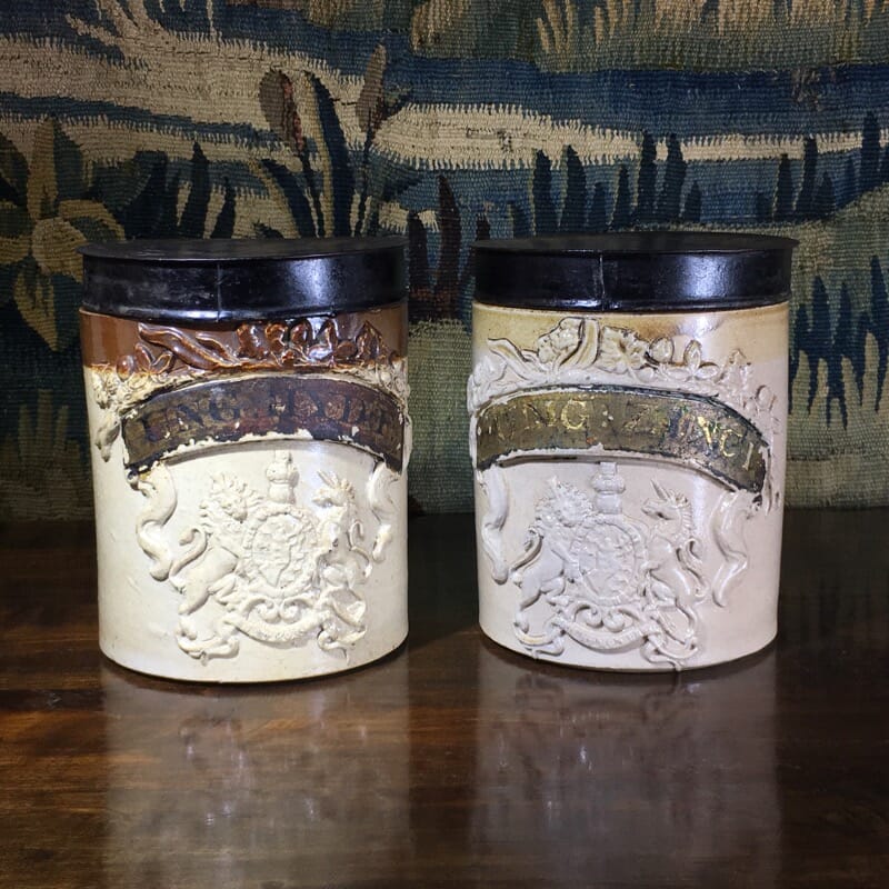 Pair of English stoneware apothecary jars, Royal Arms, c. 1830 -0