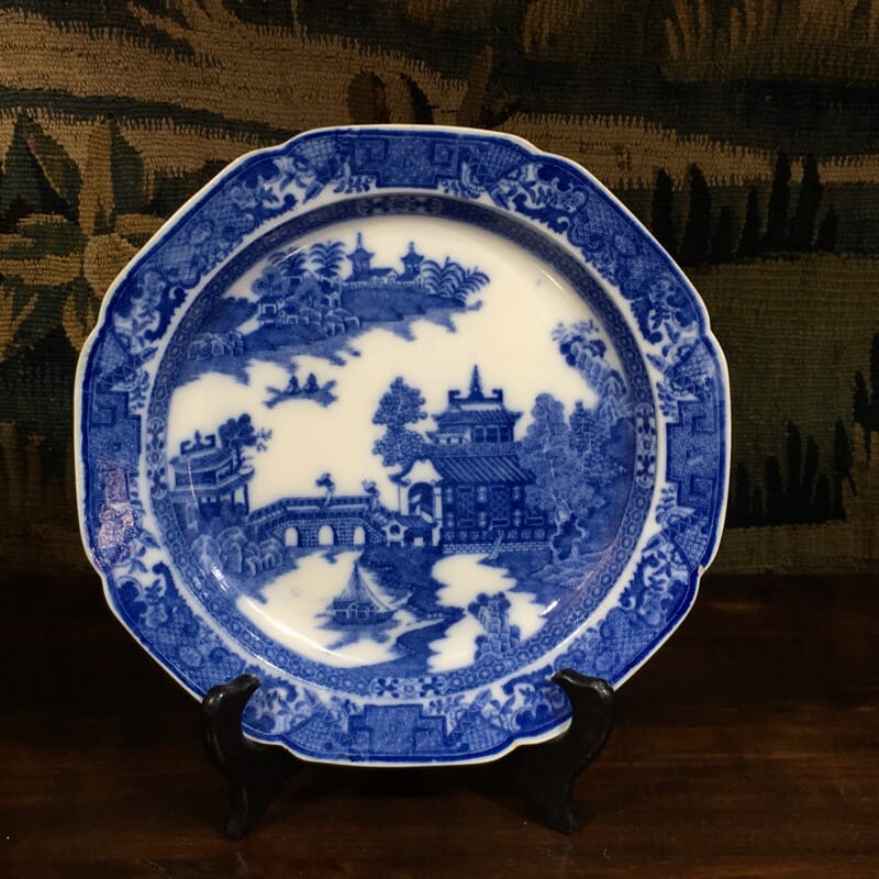 Pearlware blue & white printed plate, pagoda pattern, c.1795-0