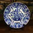 Dutch Delft blue & white 'pancake' plate, flower vase & birds, c.1760 -0