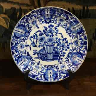 Dutch Delft blue & white 'pancake' plate, flower vase & birds, c.1760 -0