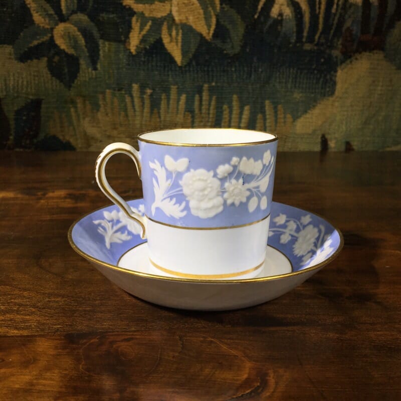 Spode coffee cup & saucer, pattern 2036 - moulded flowers, c. 1825 -0