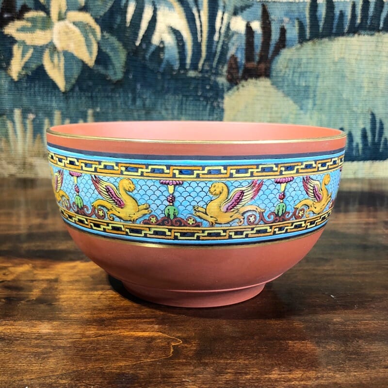 Small terracotta bowl, enamelled griffon decoration, Maw, London, c.1895. -0