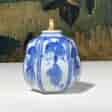 Japanese gourd shape porcelain flask, grapevine & trellis in blue, 19th century -0