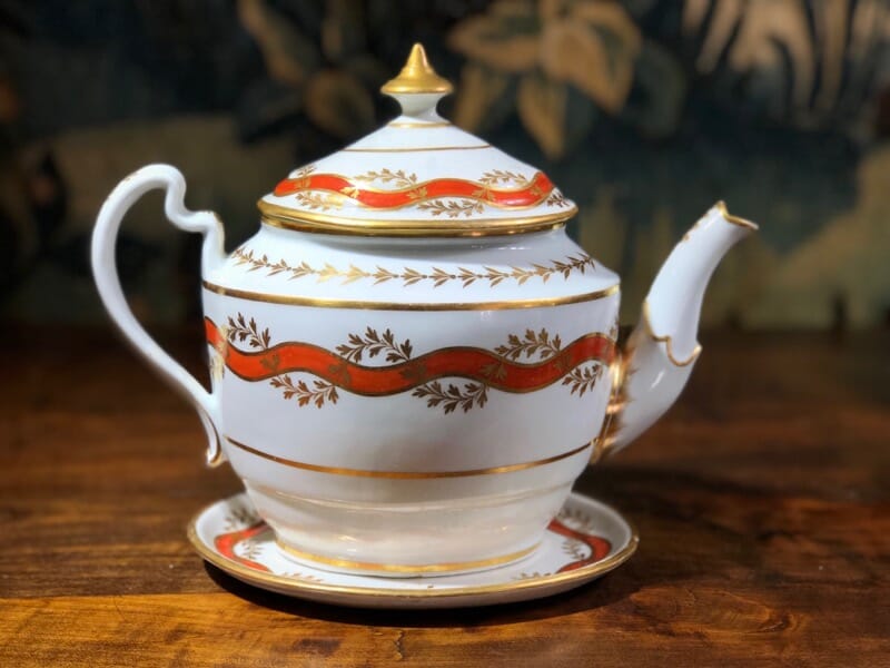 Flight & Barr Worcester teapot & stand, orange ribbon pattern, c. 1800 -0
