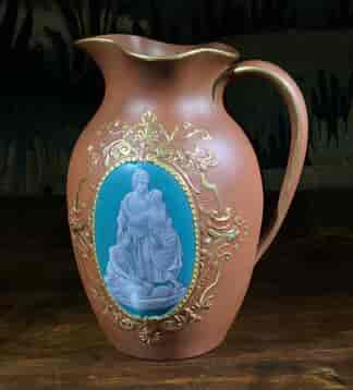 Pratt terracotta jug with printed panel, relief scrolls, registered 1866-0
