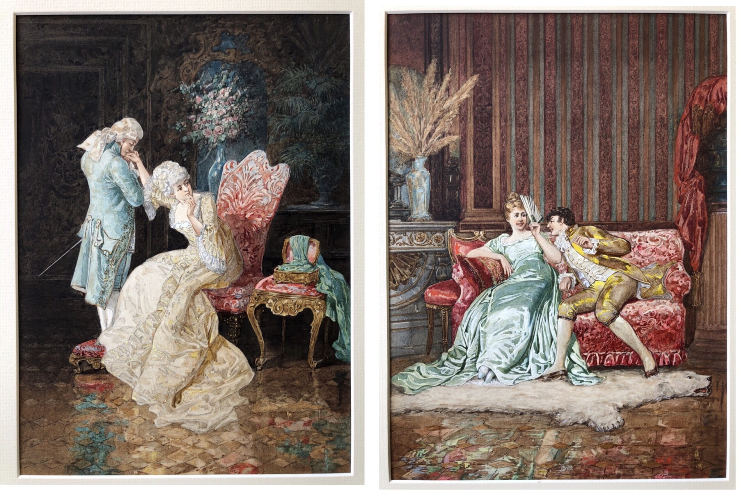 Pair of 'Belle Époque' watercolours, Romances in lush interiors, c. 1880 -0