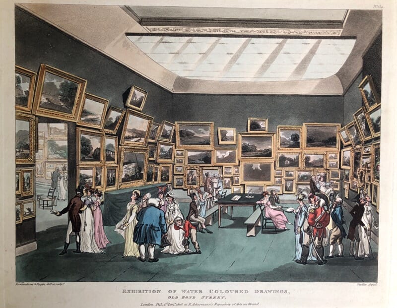 Rowlandson satyrical print, 'EXHIBITION OF WATER COLOURED DRAWINGS' 1808 -0