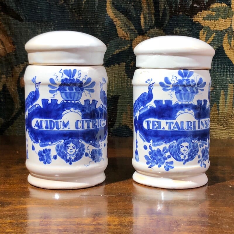 Pair of Dutch Delft covered apothecary jars, titled cartouche, 19th century-0
