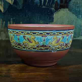 Small terracotta bowl, enamelled Griffon decoration, Maw, London, c.1895. -0