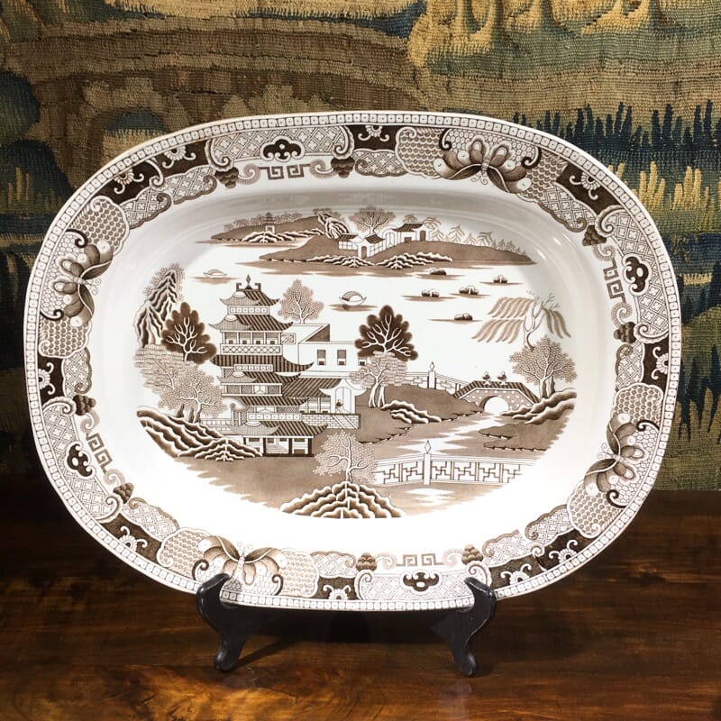 Davenport meat platter with brown willow pattern print, c. 1830 -0