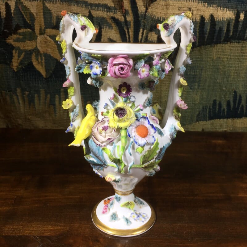 Spode vase with encrusted flowers & canaries, c. 1820 -0