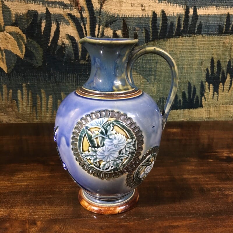 Doulton Lambeth pottery jug, relief blossom & aesthetic roundels, dated 1884-0
