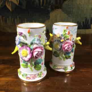 Pair of Spode spill vases with encrusted flowers & canaries, c. 1820 -0