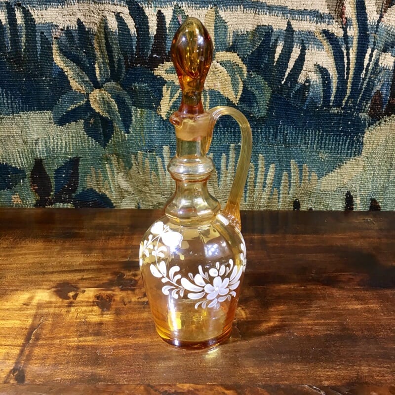 Victorian amber glass decanter jug with enamelled flowers, C. 1890 -0