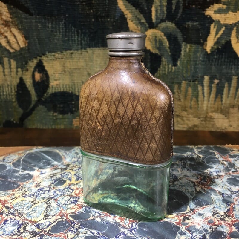 Small glass and leather flask, pewter lid, c. 1880-0