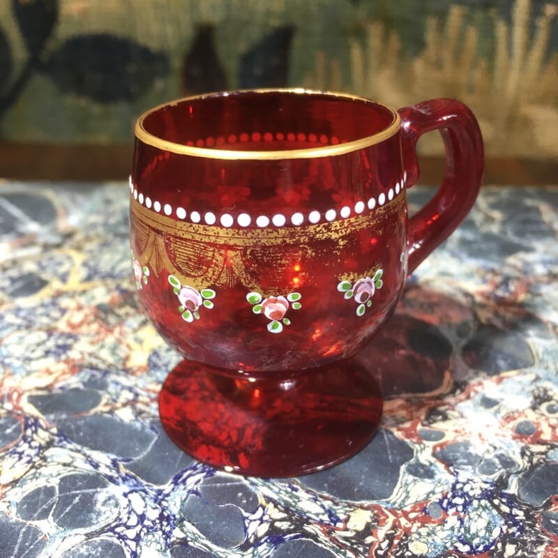 Small red punch glass, enamelled roses, Moser, c. 1930-0