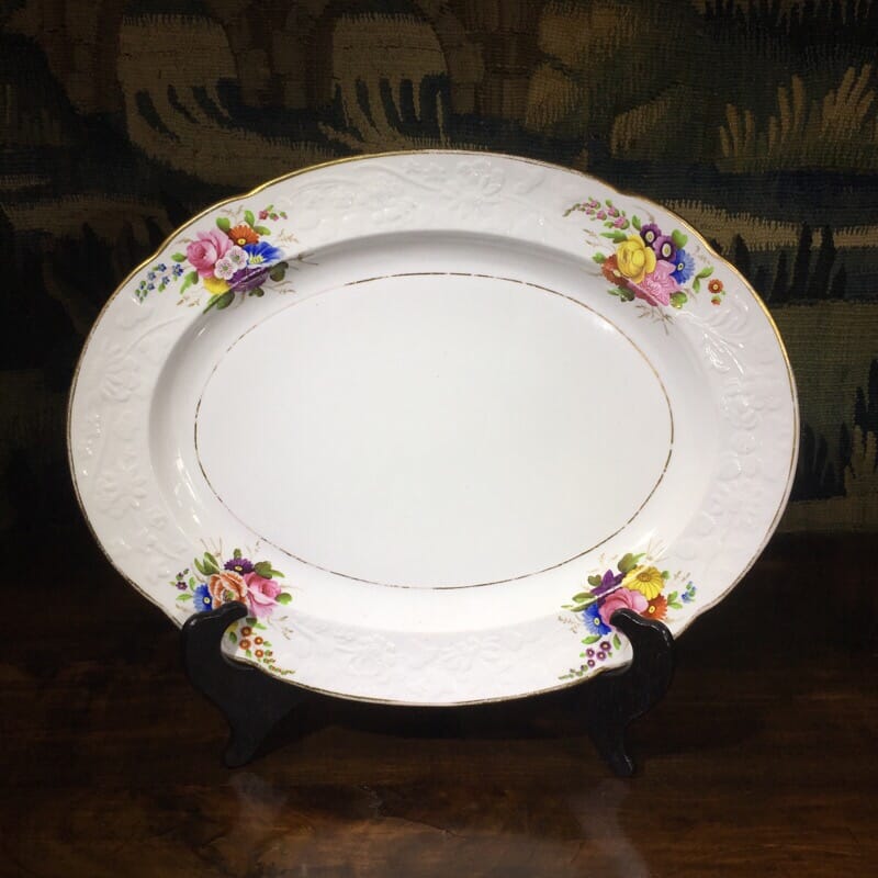 Large Spode oval platter, moulded & painted flowers, pat. 1943, circa 1815-0
