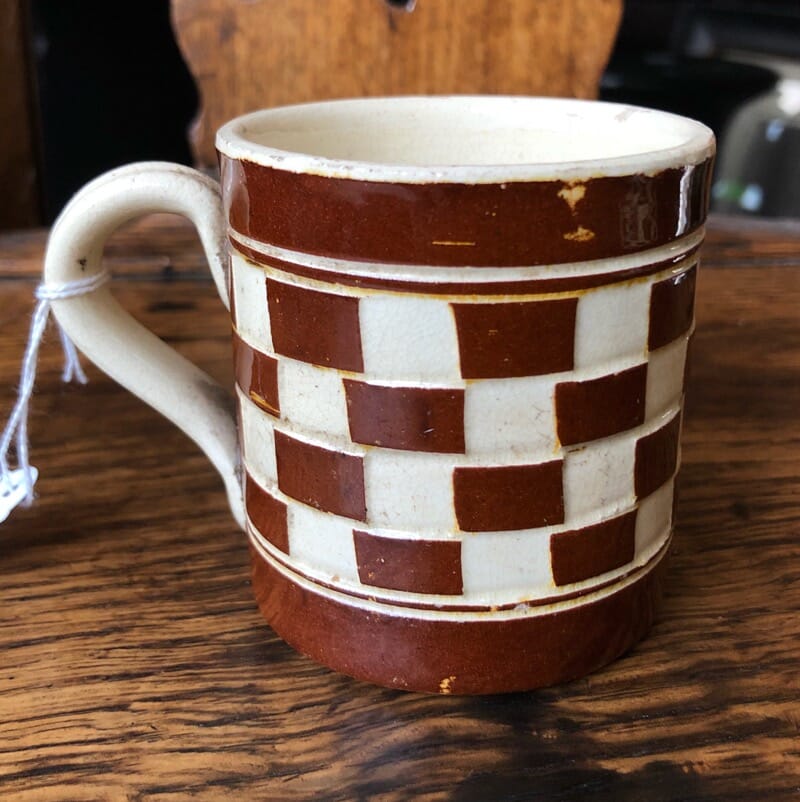 English pottery mug with slipware checker board pattern, C. 1810 -0