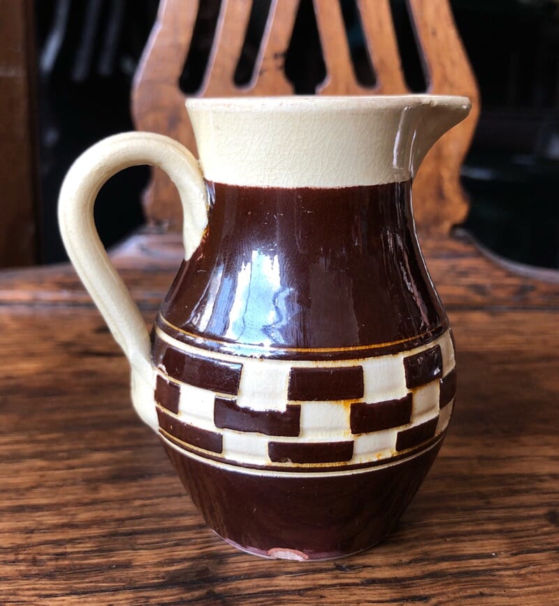 English pottery jug with slipware checker board pattern, C. 1810-0