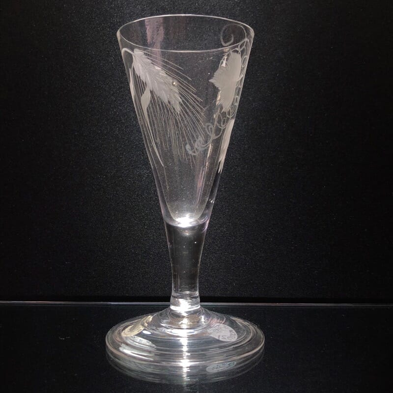 Georgian ale glass, trumpet bowl engraved with hops, folded foot c.1785-0
