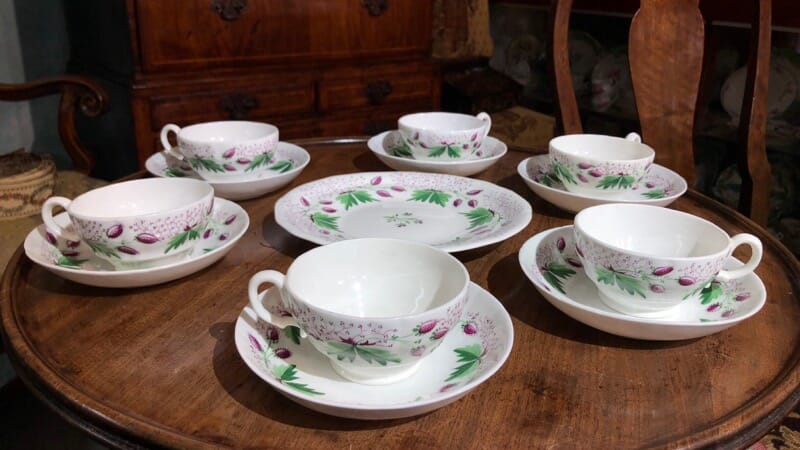 English porcelain teaset, handpainted in purple & green c1830-0